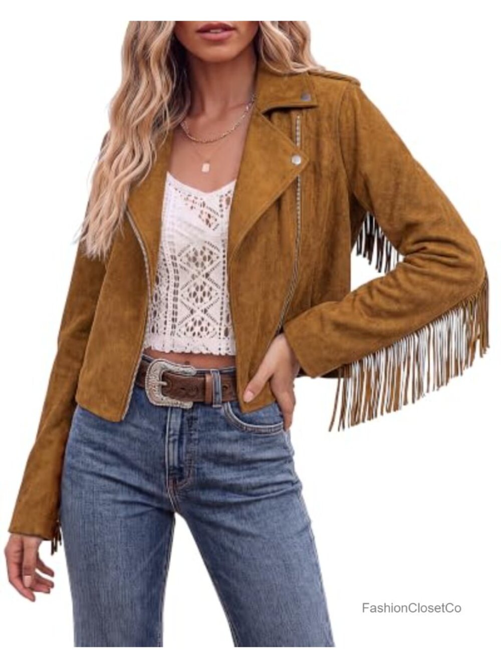 Faux Suede Cropped Fringe Jacket Asymmetric Zip Western